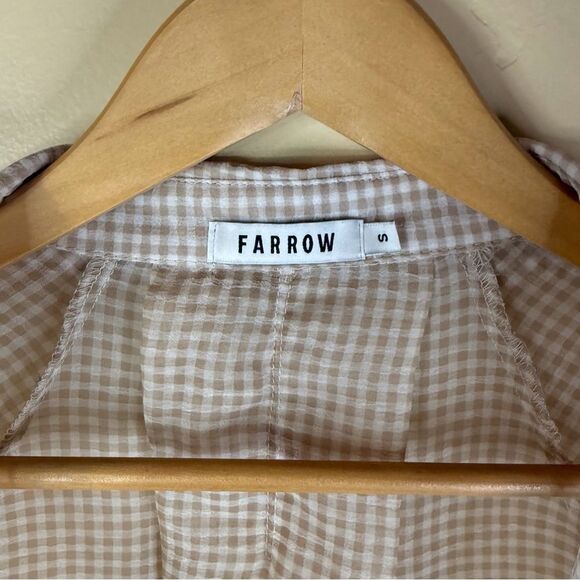 Farrow Womens Gingham‎ Open Front Tie Blouse Long Sleeve Size Small Beige Y2K - Picture 2 of 7